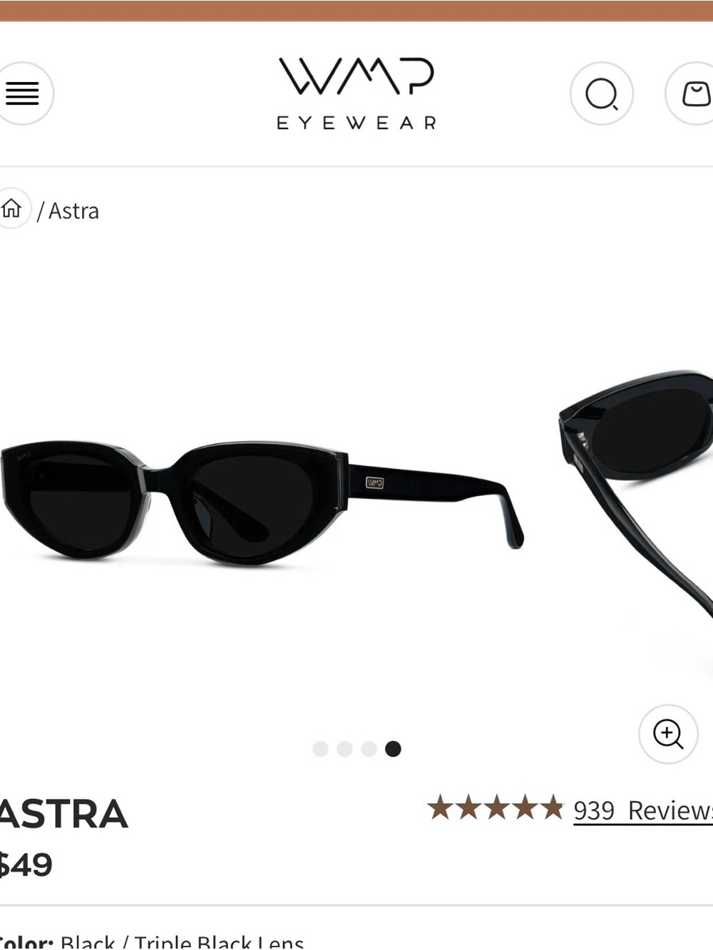 NWOT -WMP Astra Women's Black Cat-Eye Sunglasses